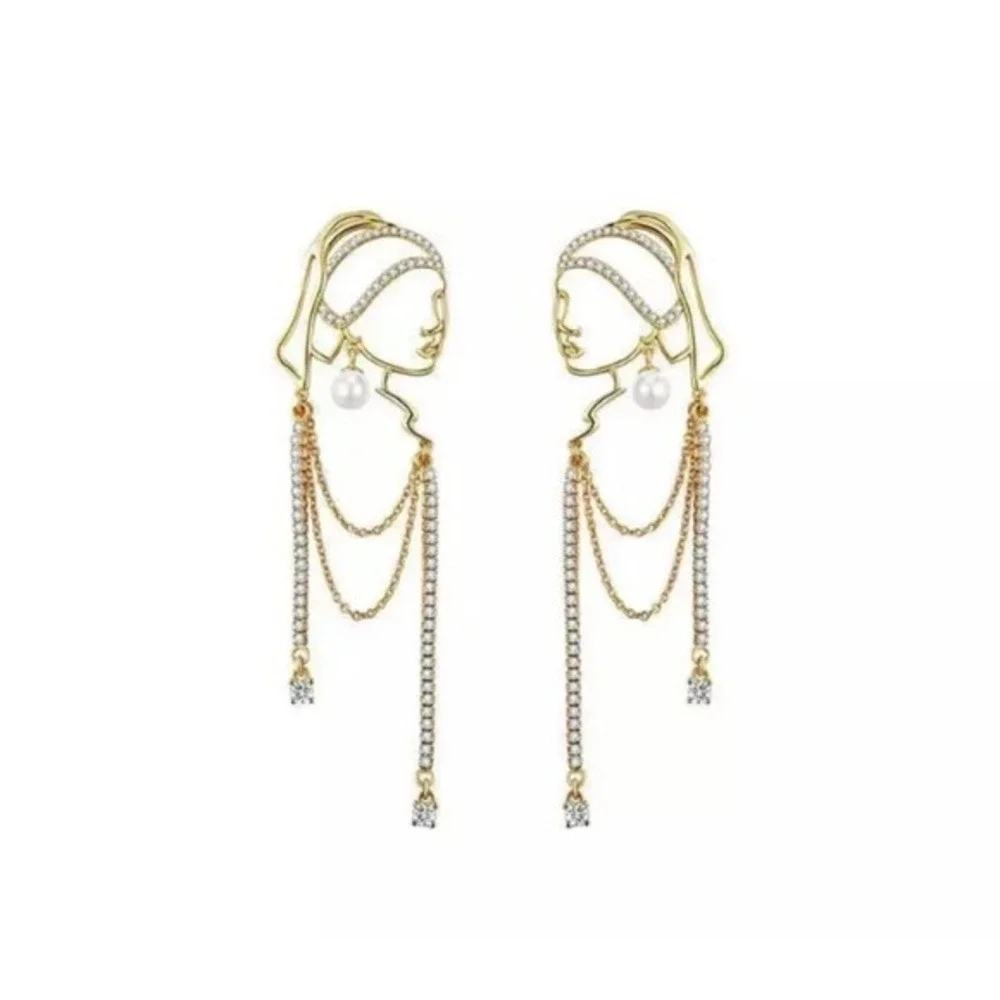 Pearl Long Tassel Abstract Lines Girl with pearl Earrings Portrait‎ Earrings